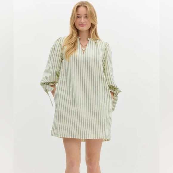 Entro Green Striped V-Neck Shift Dress - Picture 2 of 10